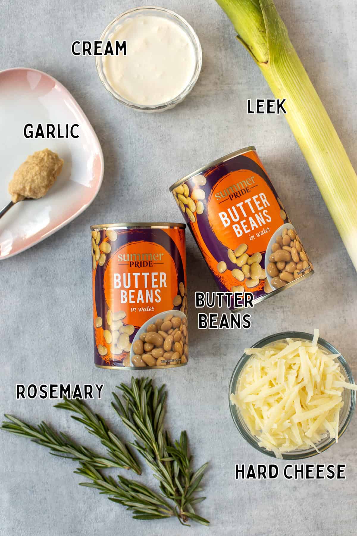 Ingredients for creamy butter beans laid out with text overlay.