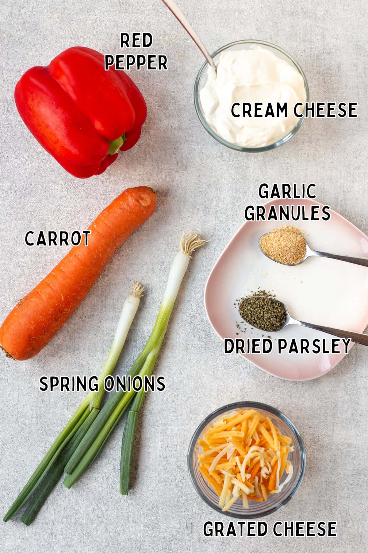 Ingredients for vegetable cream cheese laid out with text overlay.