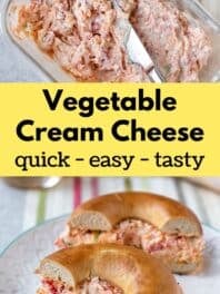 Collage showing vegetable cream cheese in a bagel with an overlaid title.