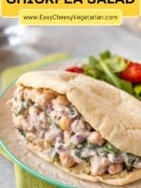 Creamy lemon chickpea salad in a pitta bread with title overlay.