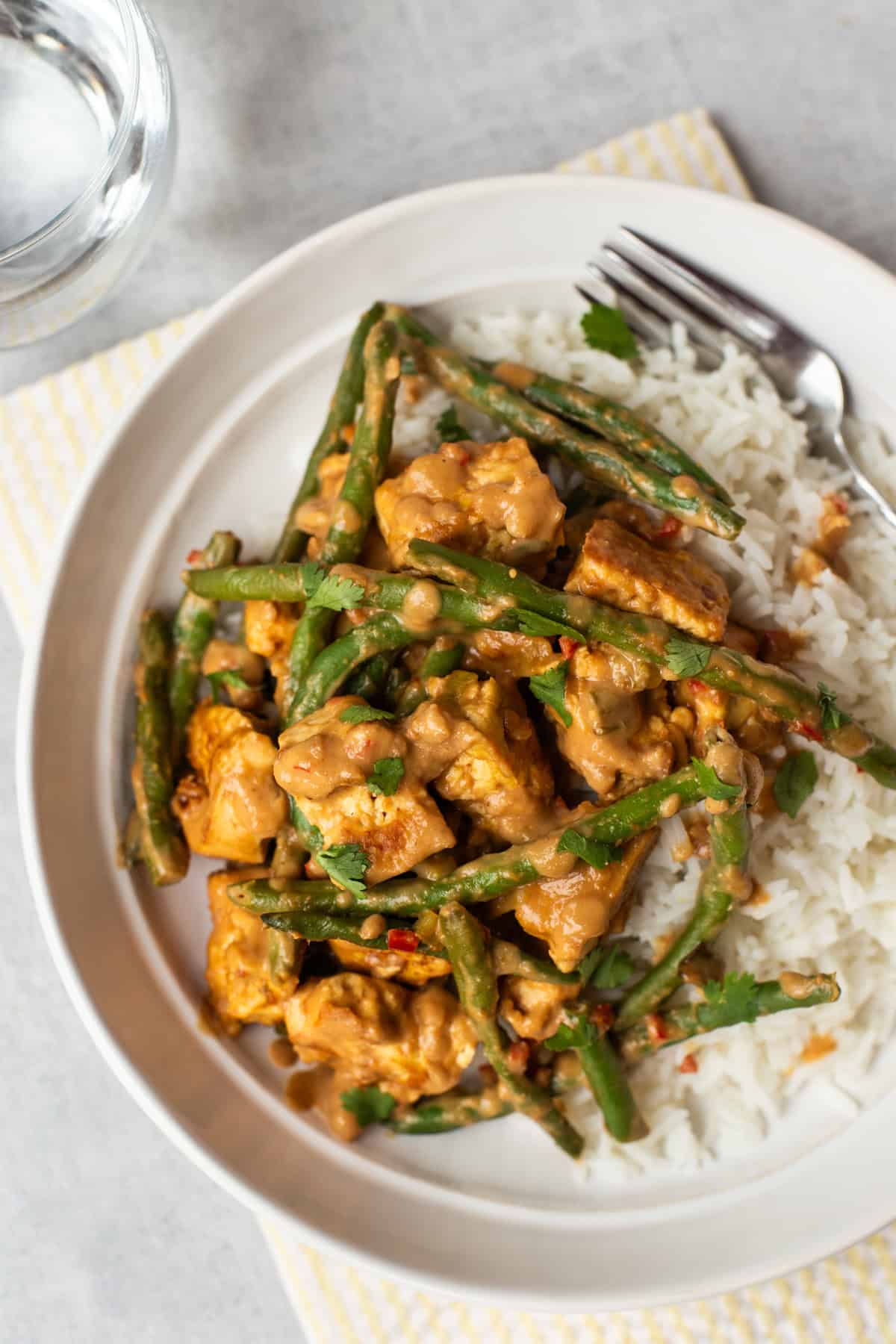Portion of peanut butter tofu and rice in a bowl.