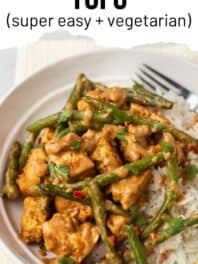 Peanut butter tofu with green beans and title overlay.