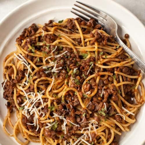 Vegetarian lentil bolognese with spaghetti in a bowl.