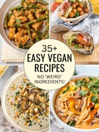 Collage showing various easy vegan recipes with text overlay.