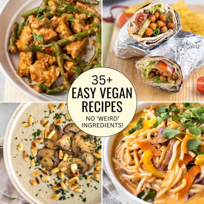 Collage showing various easy vegan recipes with text overlay.