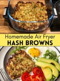A collage showing air fryer hash browns with title.
