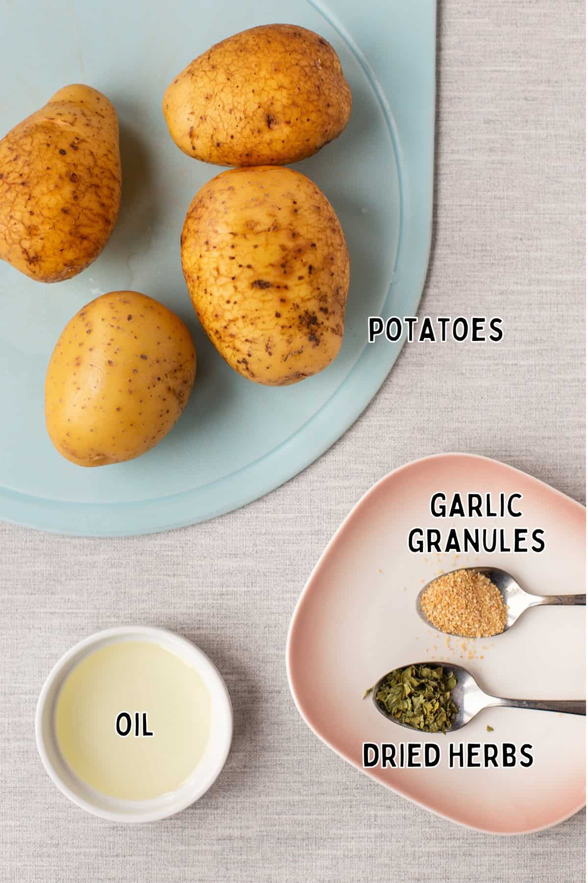 Ingredients for air fryer hash browns laid out with text overlay.