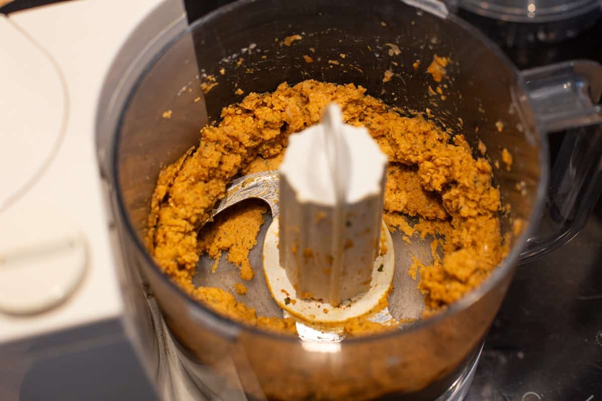 Falafel mixture in a food processor.