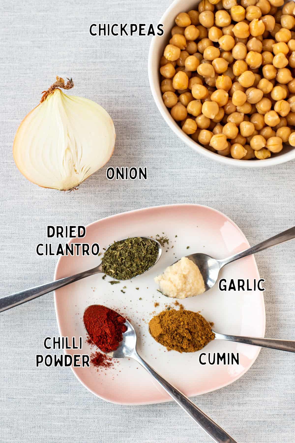 Overhead shot of falafel ingredients laid out with text overlay.