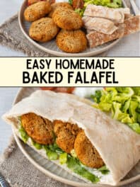 Collage showing easy homemade baked falafel with title.
