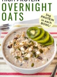 A bowl of high protein overnight oats with a title overlay.
