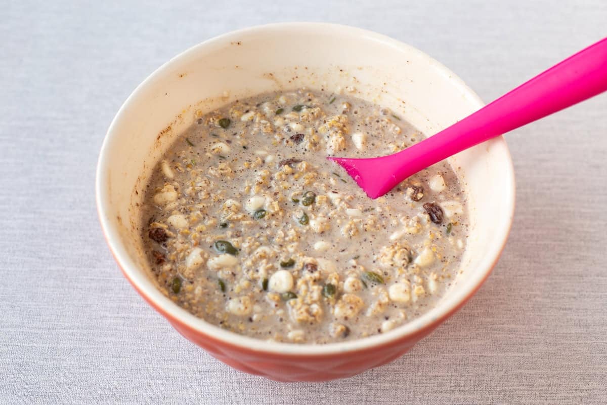 High protein overnight oats in a large bowl.