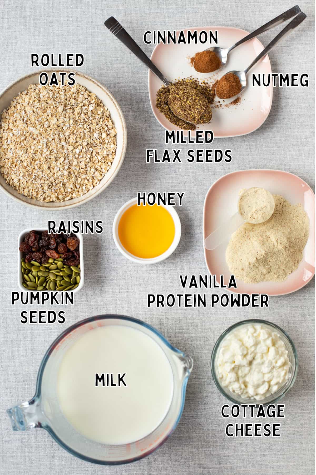 Ingredients for high protein overnight oats laid out with text overlay.