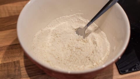 Flour in a mixing bowl.