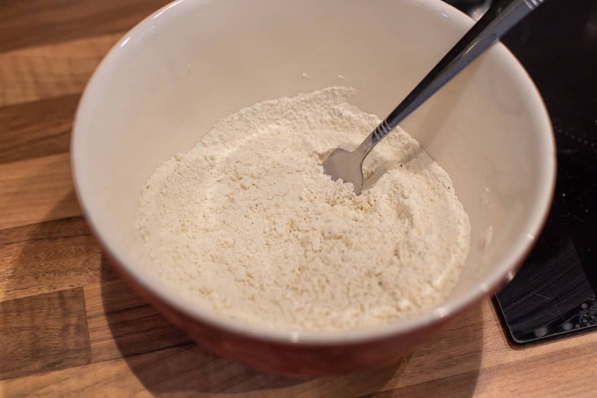 Flour in a mixing bowl.