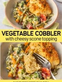 Collage showing vegetable cobbler with title.