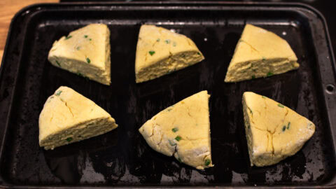 Uncooked 3 ingredient hummus scones on a baking tray.