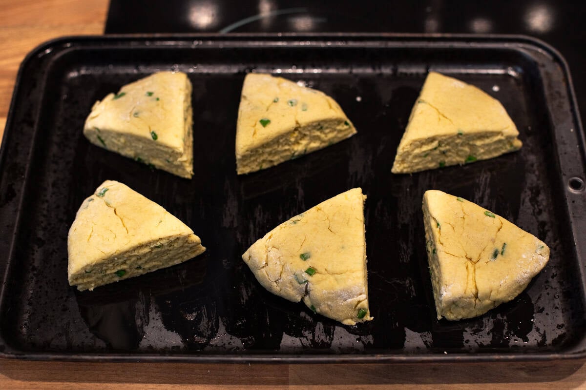 Uncooked 3 ingredient hummus scones on a baking tray.