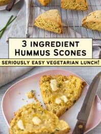 Collage showing 3 ingredient hummus scones with title.