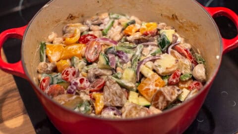 Colourful vegetables in a cream cheese sauce in a big pot.