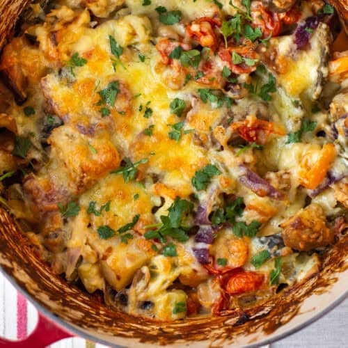 Overhead shot of cheesy vegetable potato bake.