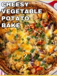 Overhead shot of cheesy vegetable potato bake with a title overlay.