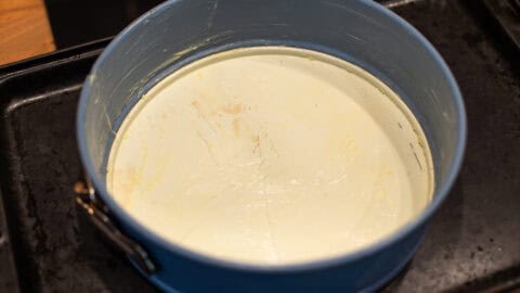 A springform cake tin greased with butter.