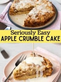 Collage showing easy apple crumble cake with title.