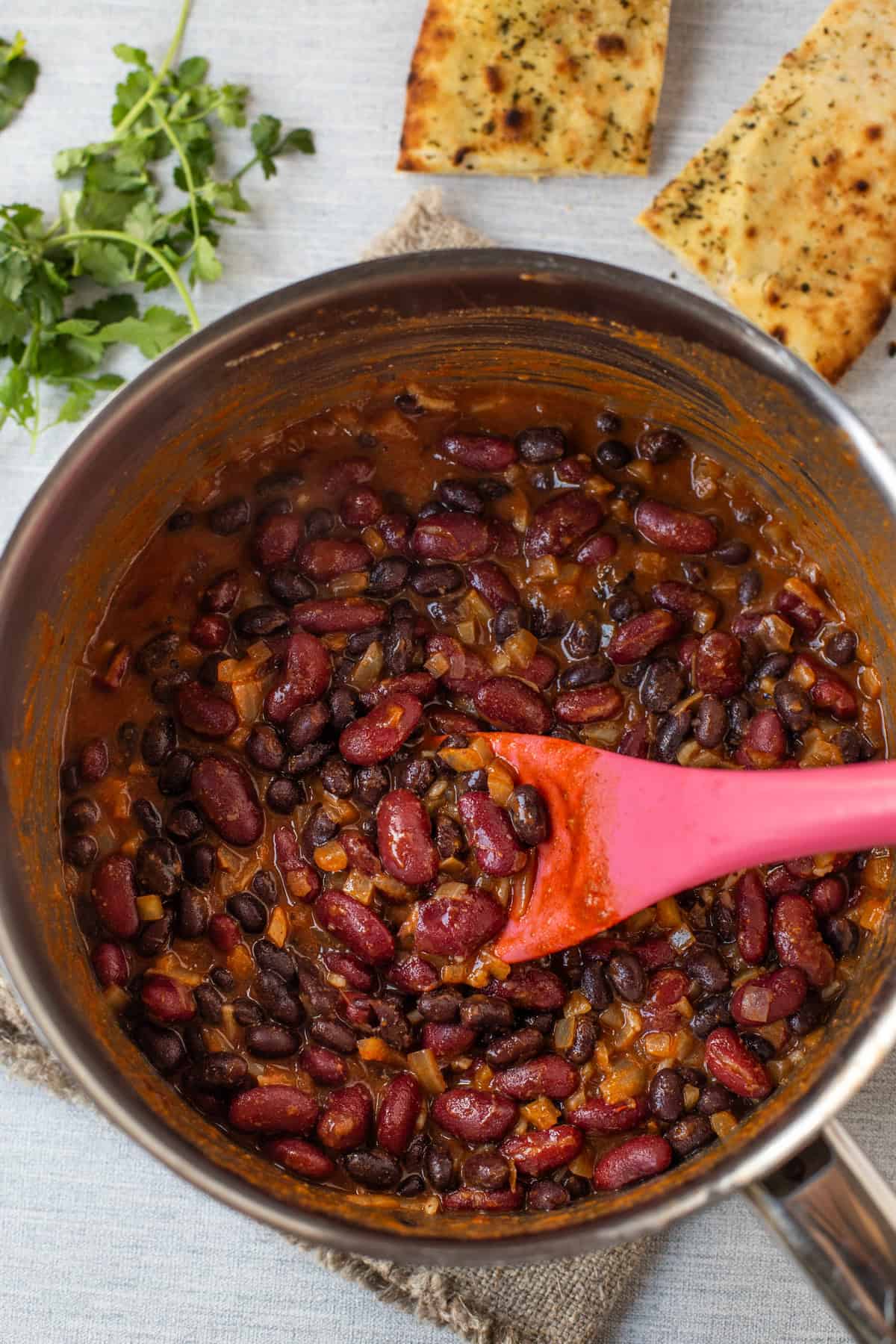 A saucepan full of vegan kidney bean curry.