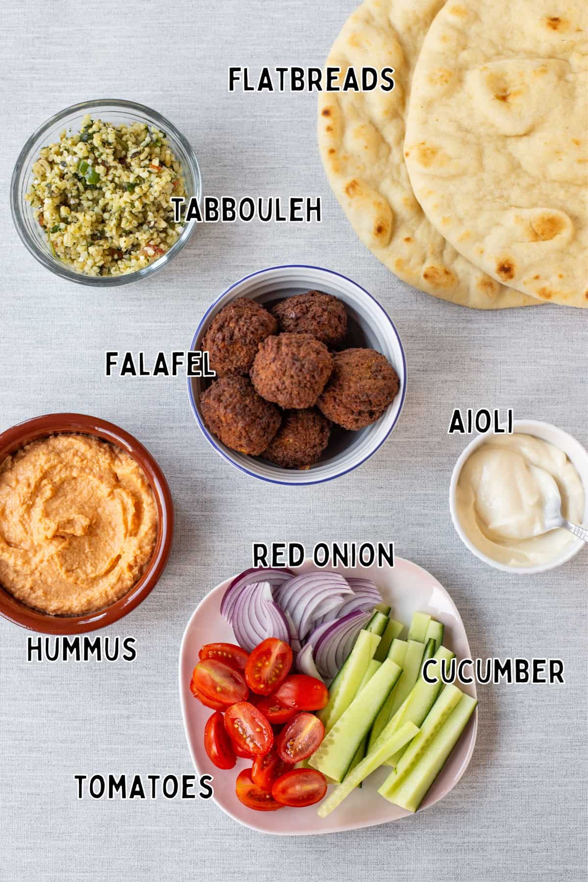 Ingredients for easy tabbouleh and halloumi wraps laid out with text overlay.