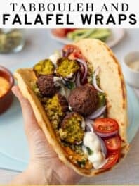 Tabbouleh and falafel wraps with text overlay.