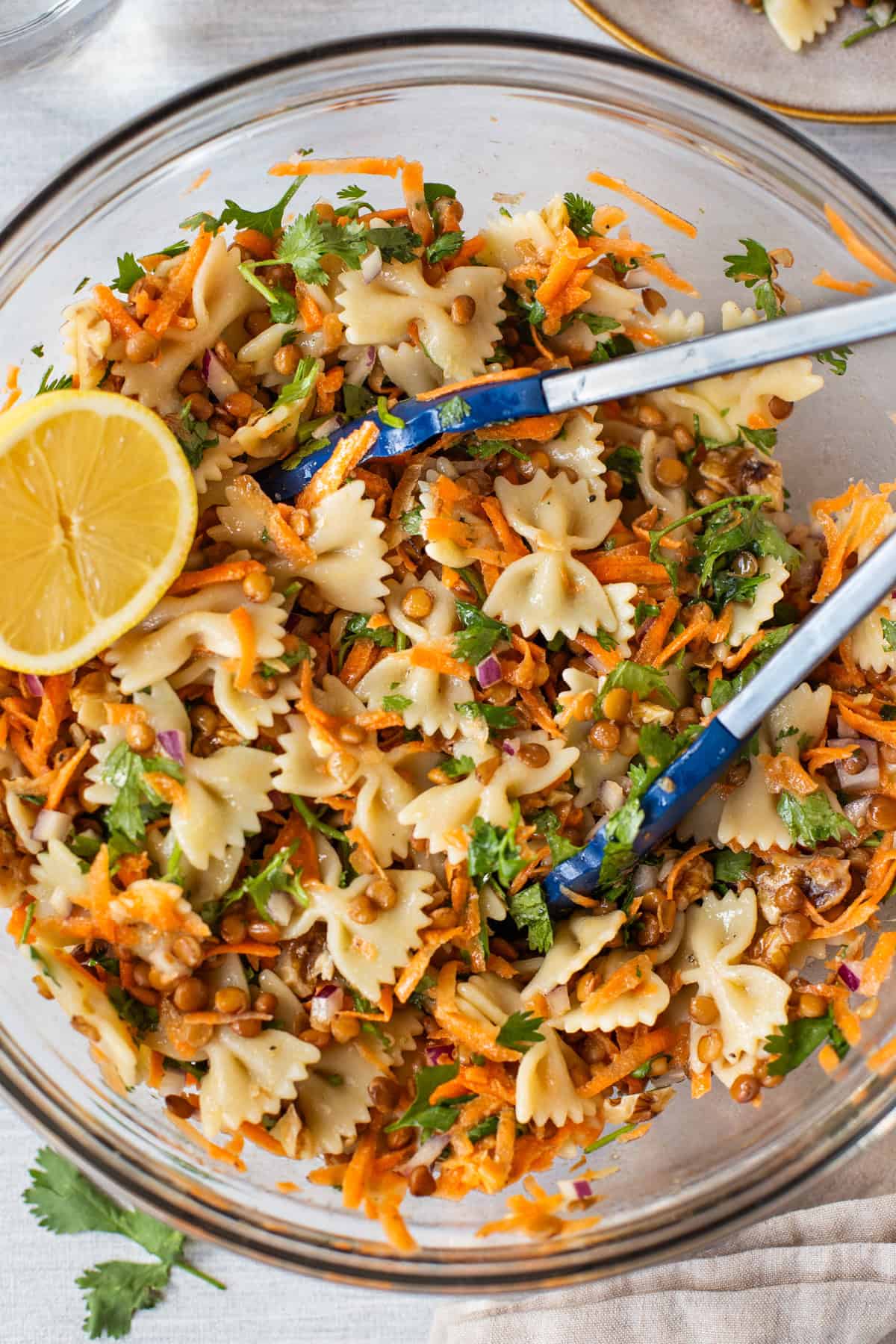 Overhead shot of a large bowl of vegan French lentil pasta salad.