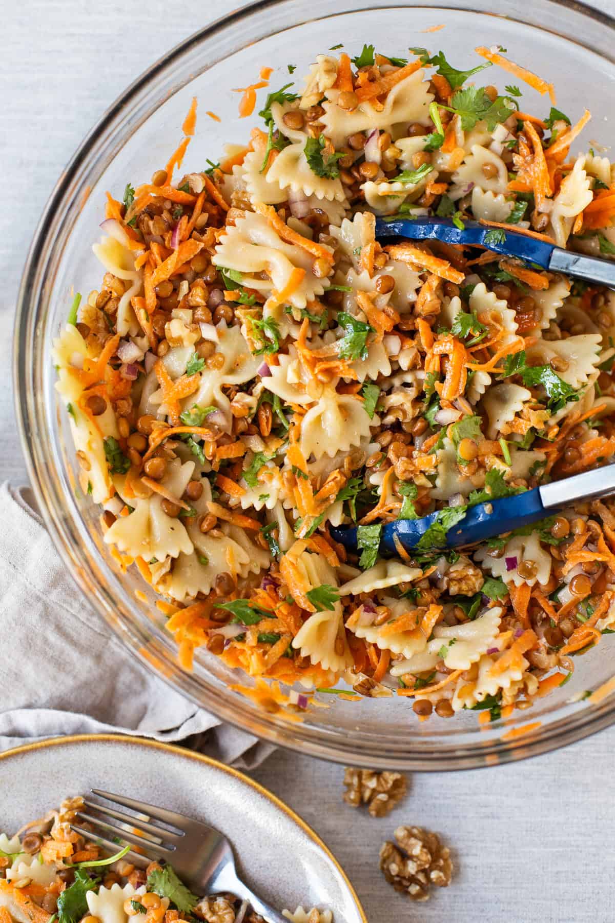 Vegetarian French lentil pasta salad in a large mixing bowl.