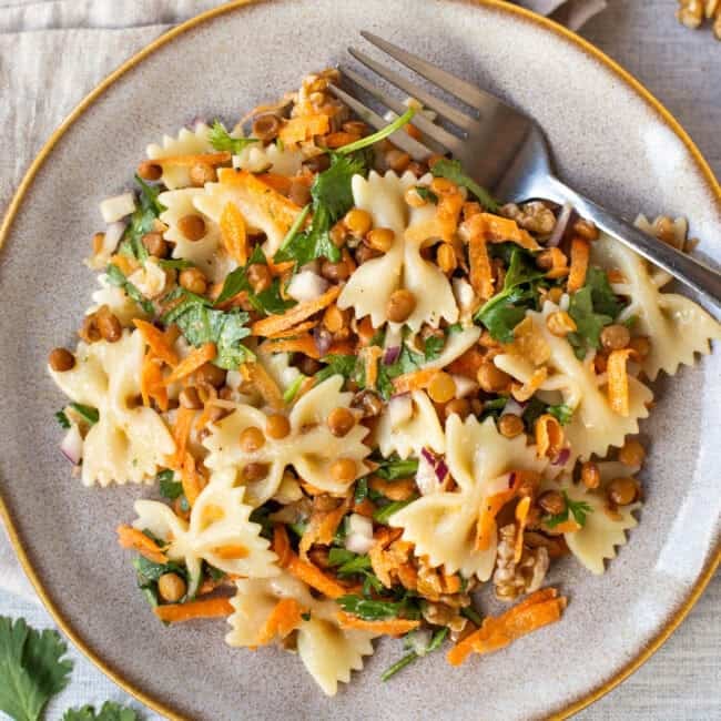 Overhead shot of a plate of French lentil pasta salad.