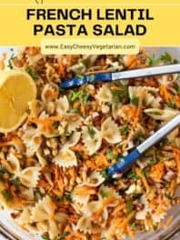 A bowl of French lentil pasta salad with title overlay.