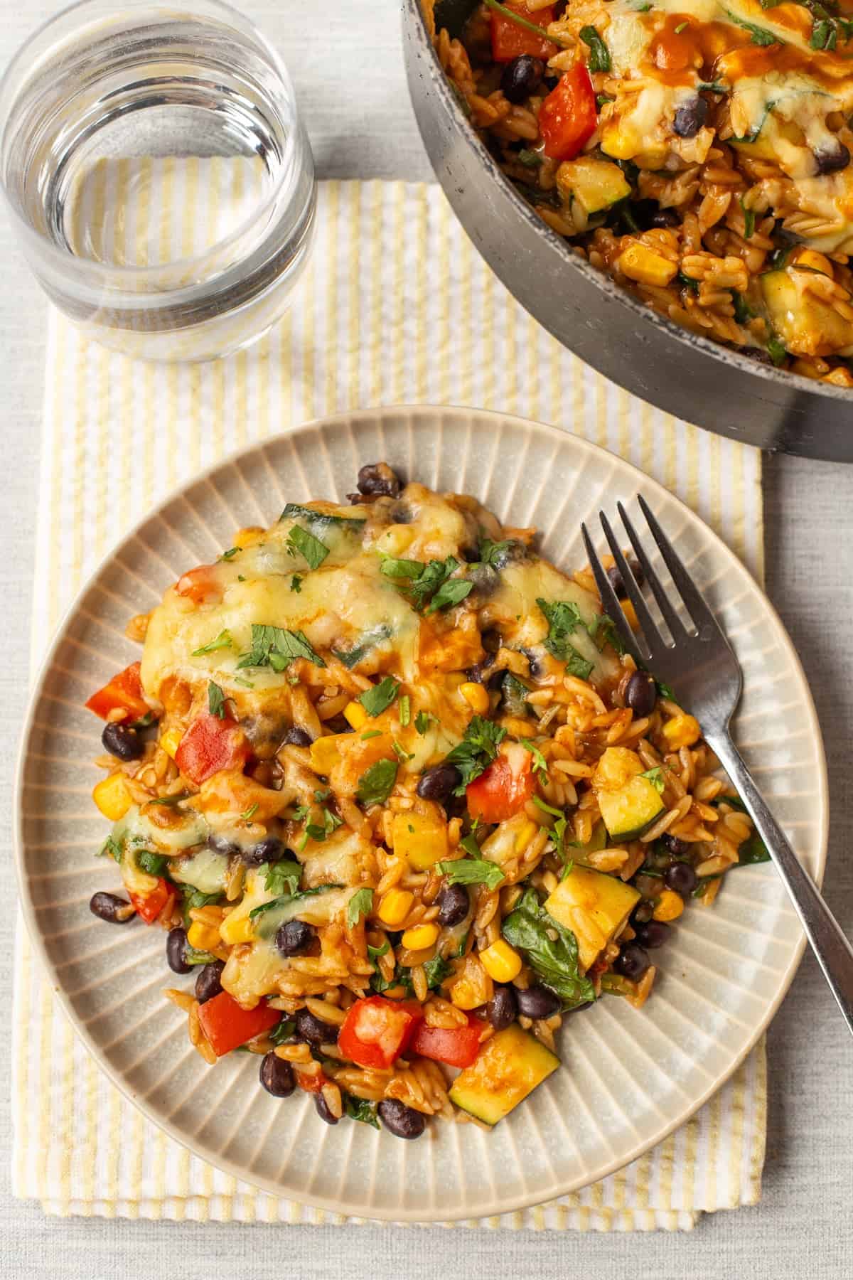 Overhead shot of a portion of cheesy enchilada orzo on a plate.