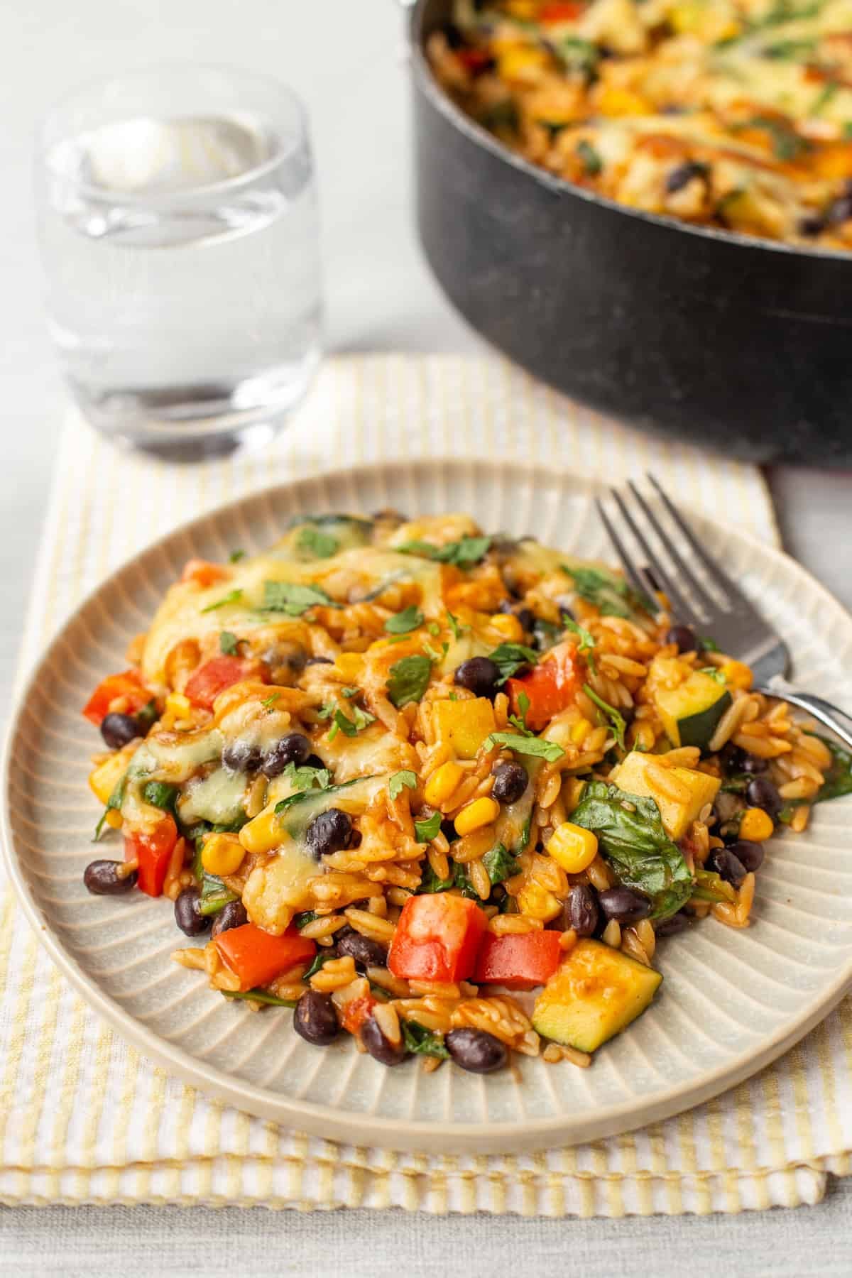A portion of cheesy vegetarian enchilada orzo on a plate.