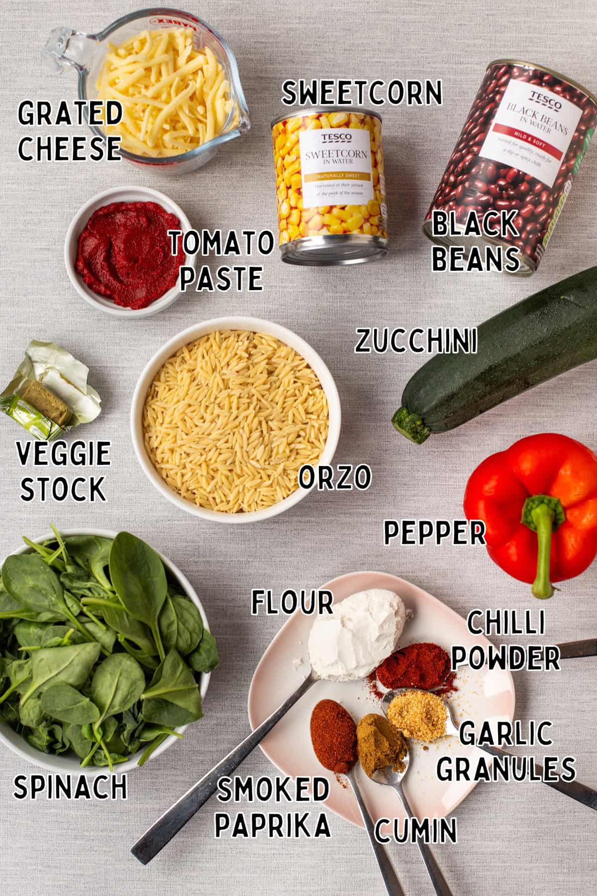 Ingredients for vegetarian one pot enchilada orzo laid out with text overlay.