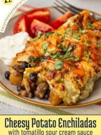 Cheesy potato enchiladas with text overlay.