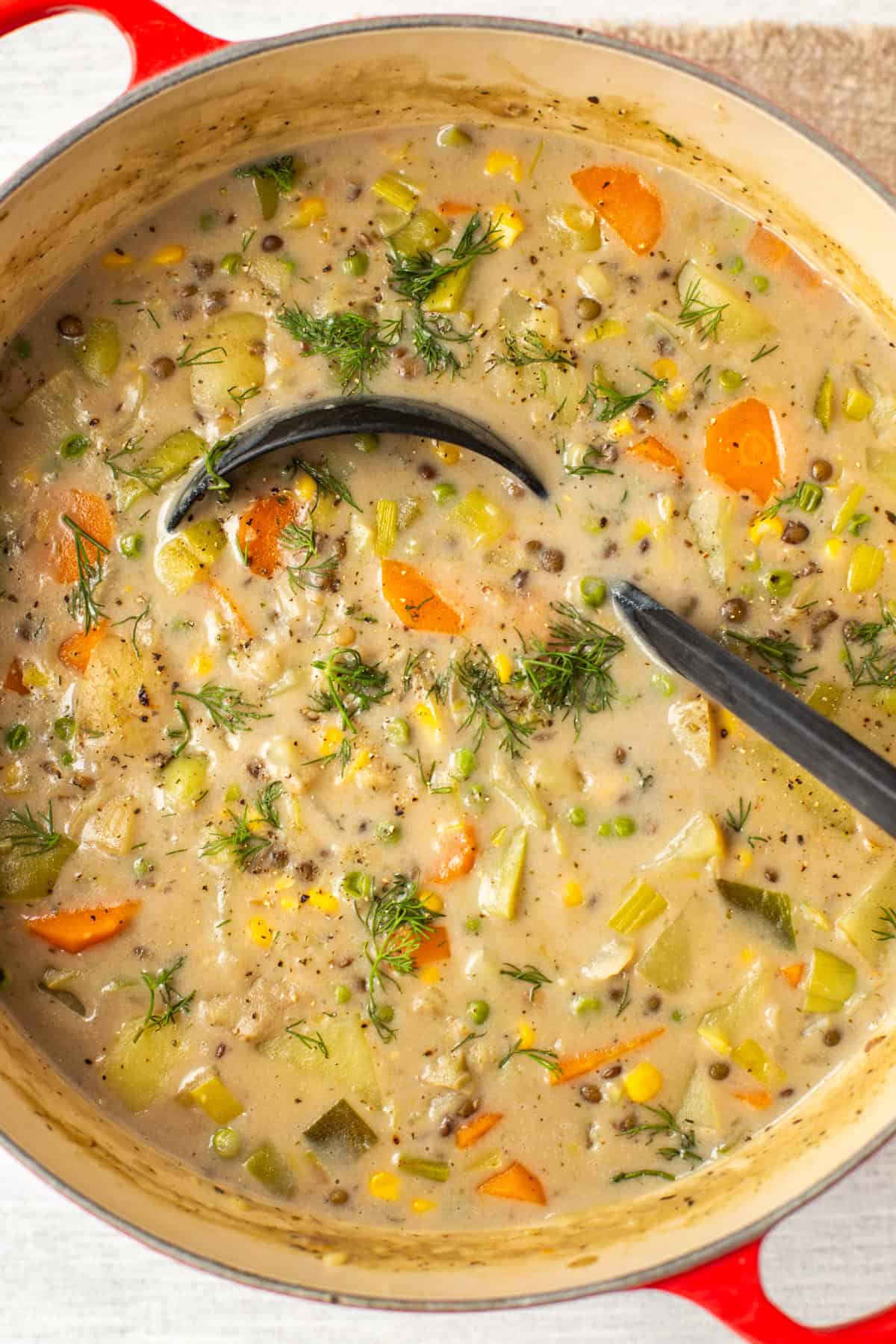 Overhead shot of a large pot of creamy vegetable stew with lentils.