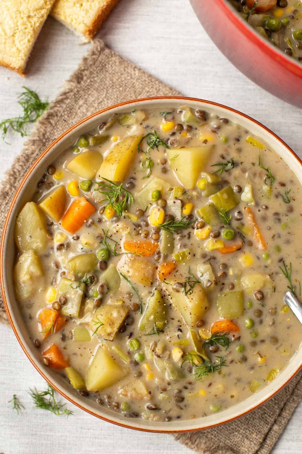 Overhead shot of a bowl of creamy vegetable stew with lentils.