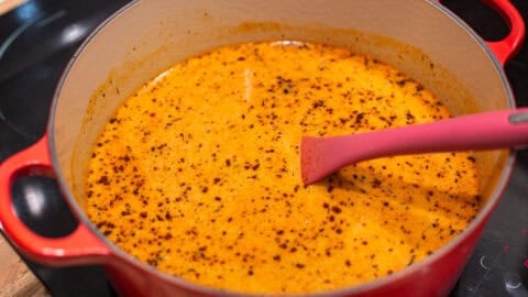 Ingredients for pumpkin mac and cheese in a large pot.