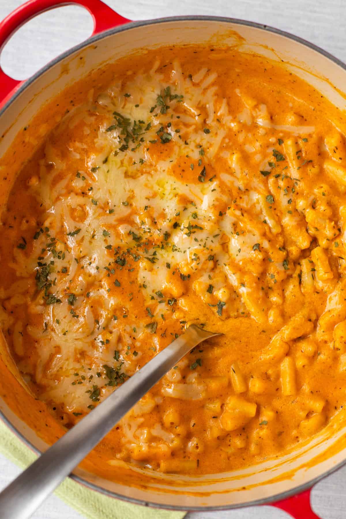 Overhead shot of cheesy mac and cheese.