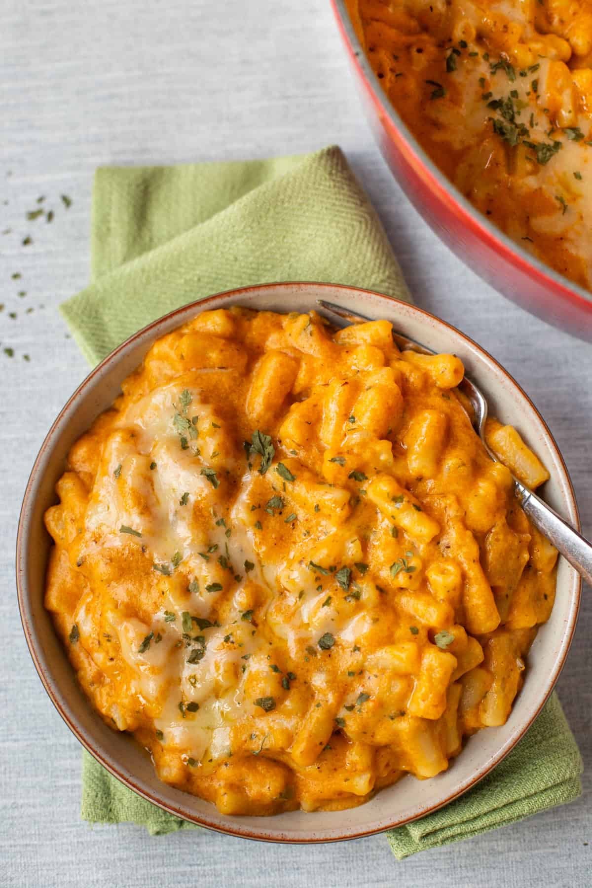 Overhead shot of a portion of pumpkin mac and cheese.