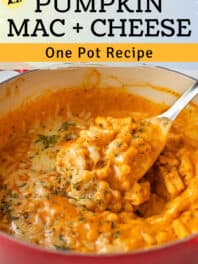 Creamy pumpkin mac and cheese with text overlay.