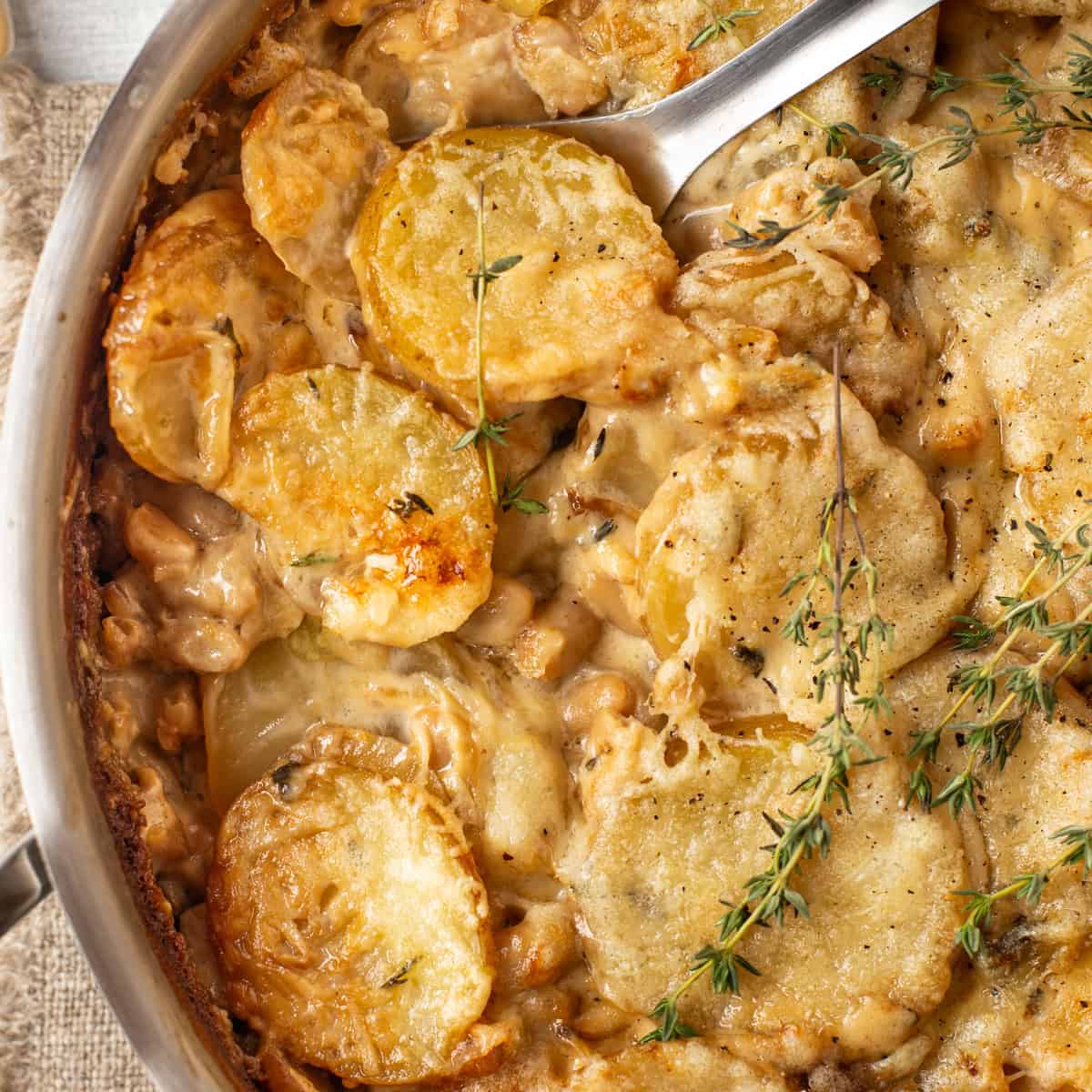 Overhead shot of creamy French onion potato bake in a pan.