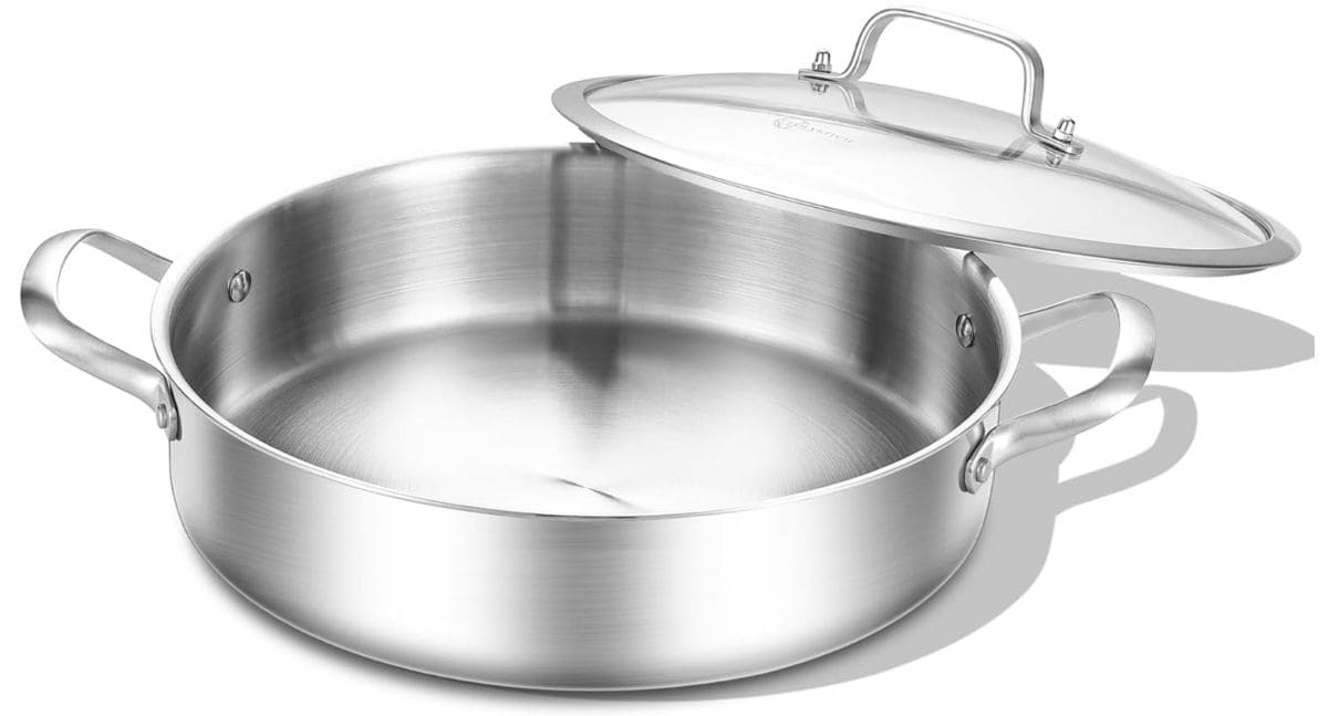 A two handled stainless steel cooking pan.